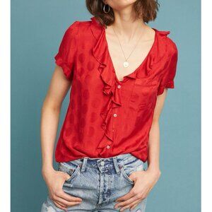 Anthropologie Maeve Jojo Ruffled Top Shirt XS Red V‑Neck Blouse Short Sleeve
